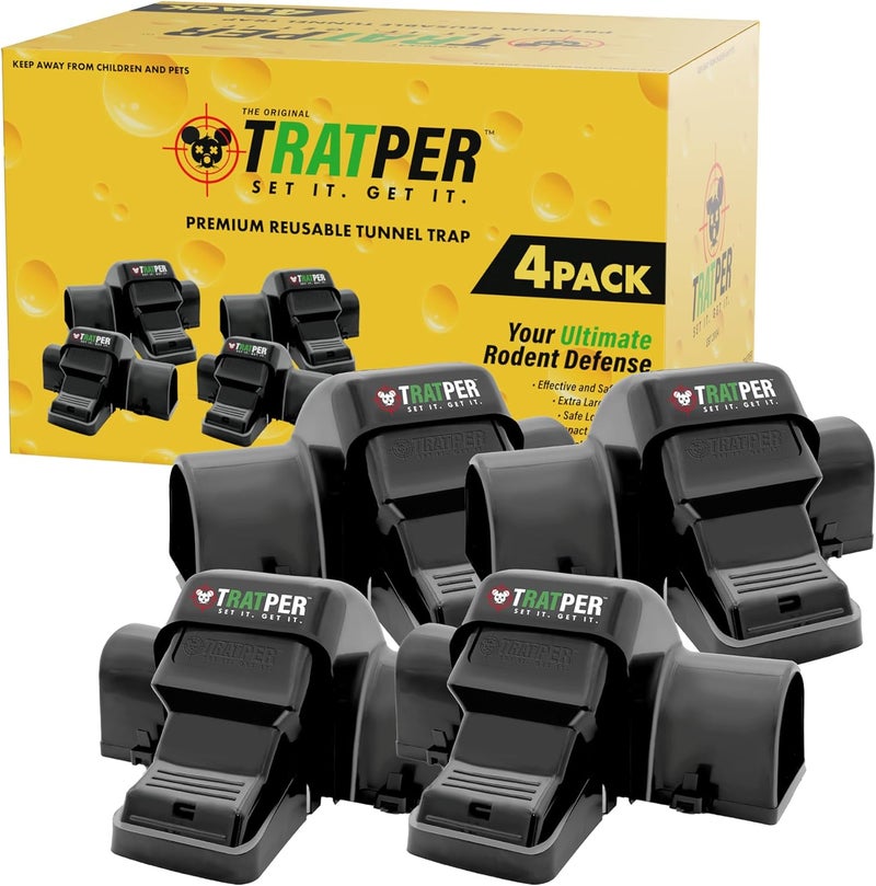 TRATPER Rat and Chipmunk Traps. Prevents Accidental Triggering with Dual Tunneled Design. Covered Snap Traps for Humane Kill, Reusable, Pest Control for Rats, Indoor & Outdoor Use. 4 Pack - Image 1